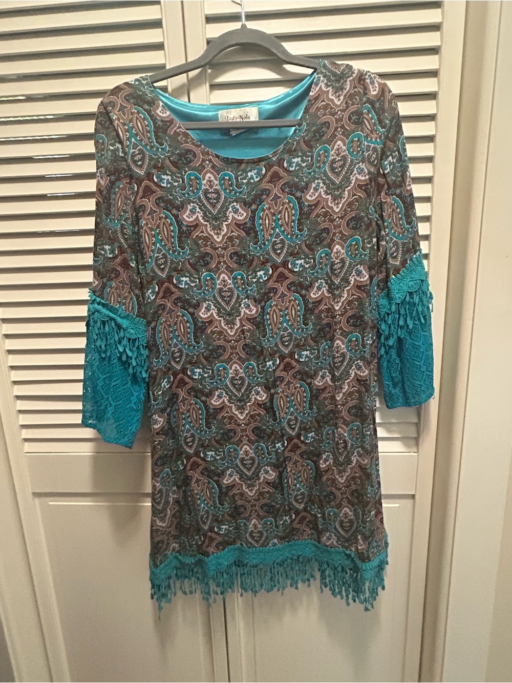 Lady Noiz Teal and Brown Paisley Fringed Boho Dress